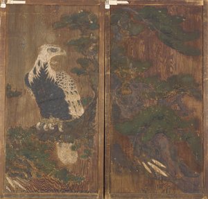 Par døre med ørn på et fyrretræ på den ene side; hjorte og kirsebærblomster på den anden side af Unknown artist