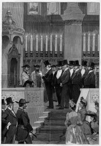 Paris 1890: Indsættelse af Zadoc Kahn (Zadoc-Kahn) (1839-1905) stor rabbiner i Frankrig. Monsieur Alphonse de Rothschild (1827 -1905) læser nomineringsrækkefølgen. af Unknown artist