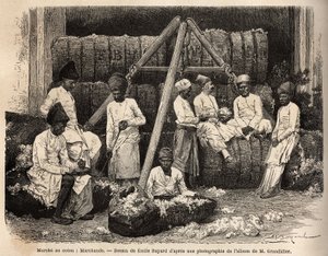 Parsi-forhandlere og -købmænd på Bombays bomuldsmarked. Gravering til illustration af rejsen i Indiens meridionalprovinser, af Alfred Grandidier, i 1862-1864, udgivet i "" Le tour du monde""" 1869, redigeret af Edouard Charton, udgave Hachette, Par af Unknown artist