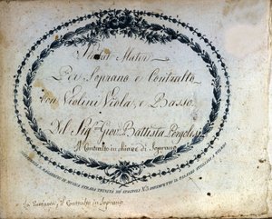 Opdeling af "" Stabat Mater "" af Jean Baptiste Pergolese (Giovanni Battista Pergolesi, Jean-Baptiste) 1710-1736. "" Stabat Mater for sopran og alt med violiner, bratsch og bas. "" af Unknown artist