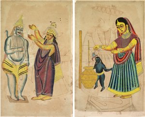 Parvati placerer en bryllupskrans på Shiva (recto); Yasoda kærnende smør (verso) af Unknown artist