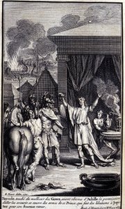 Patroclus, rører ved grækernes ulykke, efter at have fået tilladelse fra Achilleus til at gå og redde dem, dækker sig med våben fra denne prins, som giver drikker til Jupiter for hans lykkelige tilbagevenden. Illustration af bog XVI af Iliaden af H af Unknown artist