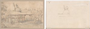 Pavillon nær en moske (recto) Skitse til Pavillon nær en moské (verso) af Unknown artist