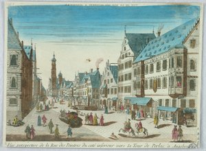 Peep-show, perspektivisk udsigt over malergaden fra den nedre kyst mod Perlac-tårnet i Augsburg af Unknown artist