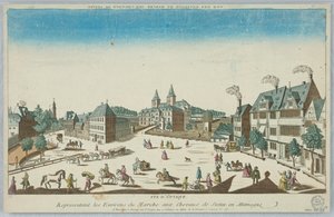 Peep-show, optisk visning, der repræsenterer omgivelserne på Stetin-hestemarkedet i Tyskland af Unknown artist