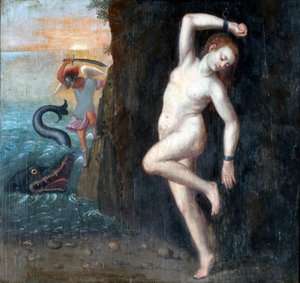Persee et Andromede - Perseus og Andromeda par Anonymous, ca. 1600 - Olie på træ, 62x65,4 - Ptuj Ormo_ Regional Museum af Unknown artist