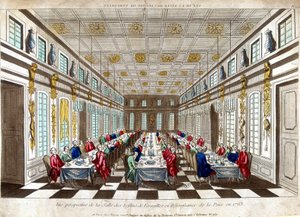 Perspektiv udsigt over Salle des Festins de Versailles til fejring af freden i 1763 mellem Storbritannien, Frankrig og Spanien. af Unknown artist