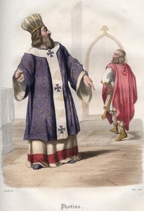 Photios I (Photius, Fotios) (810-893), patriark af Konstantinopel, fordrev den byzantinske kejser Basil I den makedonske (813-886) fra kirken efter mordet på kejser Michael III i 867. af Unknown artist