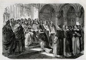 Pave Adrien II (792-872) overdrog til en af sine legater en boble af ekskommunikation mod Lord Normand. Indgravering - i "" Pavernes historie"", sd. 19. århundrede. af Unknown artist