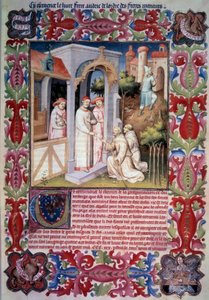Pave Johannes XXII betror Odoric af Pordenone (franciskansk) missionen at evangelisere Oversøiske Hav. Mænd fører agerhøns til Trabzon. Jean Without Fears våben og emblem. Jean de Berrys våben. Miniature i "" Itinerarium. Vidundernes Bog", af Unknown artist