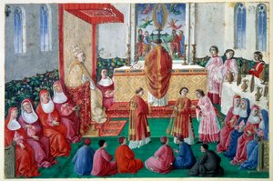 Pave Sixtus IV (1414-1484) deltager i messe i Det Sixtinske Kapel ved Vatikanets miniature-decoupé fra det 15. århundrede. Søn 0,1x0,16 m Chantilly, musee Conde af Unknown artist