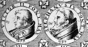 Paver Victor II (eller Victor 2 døde 1057) og Stephen IX (eller Stephane 9 døde 1058). Indgravering af det 18. århundrede. af Unknown artist