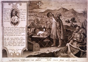 Portræt af Amerigo Vespucci (1454 - 1512), italiensk navigatør, repræsenteret under brug af et astrolabium. I en boks til venstre er et portræt af Dante Alighieri samt en passage af den første sang fra Skærsilden af den guddommelige komedie. Indgravering a af Unknown artist