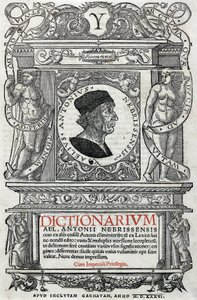 Portræt af Antonio Martinez de Cala sagde Antonio de Nebrija (1441-1522) spansk humanist og grammatiker. Guardpage af hans ordbog, udgivet i 1536. Nationalbiblioteket i Madrid. af Unknown artist