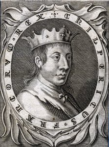 Portræt af Chilperic II (v. 670 - 721), konge af Neustrien. 1700-tals stik. af Unknown artist