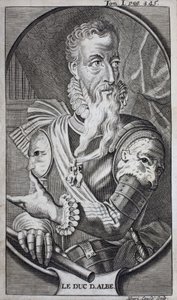 Portræt af Ferdinand Alvare de Toledo (1507-1582), tredje hertug af Alba, Grand af Spanien, hertug af Huescar, markis af Korea, greve af Salvatierra, vicekonge af Napoli, Italien og guvernør i Nederlandene. Indgravering til illustration af "Historien om t af Unknown artist
