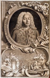 Portræt af Georg Friedrich Handel (ou Handel) (1685-1759) Frontispice af "" Alexanders fest""" 1700-tallet. Bologna, civico museo bibliografico af Unknown artist