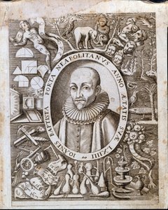 Portræt af Giambattista (Johannes Døberen, Johannes Døberen) della Porta (1535 - 1615) på forsiden af "Magiae Naturalis". 17. århundrede. af Unknown artist