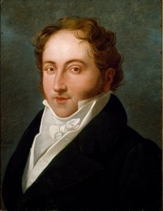 Portræt af Gioachino (Gioacchino) Rossini (1792-1868), italiensk komponist Anonym maleri. 1818 Bologna, Civic Musical Bibliographic Museum - Portræt af Gioacchino Rossini (1792-1868), italiensk komponist. Anonymt maleri 1818. Civico Museo Bibliografi af Unknown artist