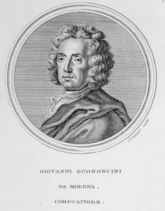 Portræt af den italienske barokkomponist og cellist Giovanni Battista Bononcini (1670-1747) Indgravering. 1700-tallet. Bologna, borgerligt bibliografisk museum af Unknown artist