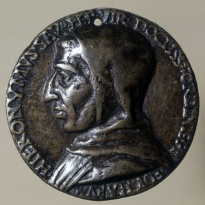 Portræt af Jerome Savonarola eller Girolamo Savonarola (1452 - 1498), italiensk prædikant. Han etablerede et teokratisk regime i Firenze. Tidens medaljon. af Unknown artist