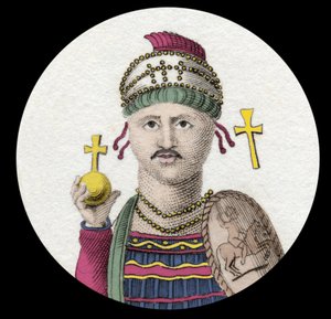 Portræt af Justinian I (Den Store) (Flavius Petrus Sabbatius Justinianus) (482-565). romersk kejser af Orienten. Indgravering af det 19. århundrede. af Unknown artist