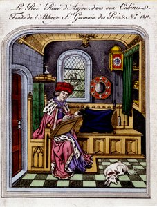 Portræt af kong Rene af Anjou (1409-1480)”” kalder også Rene I af Napoli eller Rene af Sicilien, i sit kabinet - gravering efter en miniature af Unknown artist
