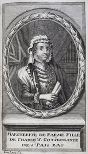 Portræt af Margarita af Parma (eller Margarita af Østrig) (1522-1586), hertuginde af Parma og Piacenza, naturlig datter af Karl V (1500-1558) og guvernante i Holland (Holland) fra 1559-1581. Gravering for at illustrere "Historien om krigen i Fla af Unknown artist