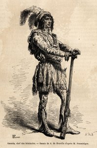 Portræt af Osceola (1804-1838), leder af seminoler, i spidsen for den indiske modstand mod USA under Florida-krigen (1835-1842). Gravering for at illustrere historien fire måneder i Florida, af Achille Pousselgue i 1851-1852, udgivet af Unknown artist