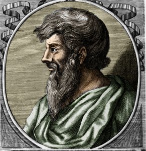 Portræt af Pythagoras (ca. 570 - omkring 480 f.Kr.), græsk matematiker og filosof. Stik af det 18. århundrede af Unknown artist