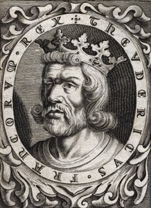 Portræt af Thierry I (? - 533), konge af Austrasia. 1700-tals stik. af Unknown artist