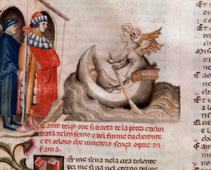Portræt af den italienske digter Dante Alighieri ser på Charon sin båd, der krydser Acheron med sjælene (sang 3 fra Helvede, i den guddommelige komedie) - miniature 1400-tallet af Unknown artist