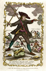 Portræt af den franske brigand Louis Mandrin (ca. 1725-1755). Bag ham, Autuns handling og Baunes kamp. Stik af det 18. århundrede. Privat samling af Unknown artist