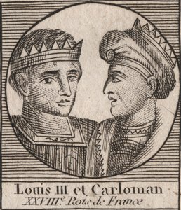 Portrætter af Ludvig III (863/65-882) Frankernes Konge mellem 879 og 882 og Karl II (866-884), Frankernes Konge fra 879 til Frankrig - gravering fra “Instruction on History d af Unknown artist
