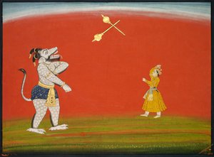 Pradyumna og Samvara kæmper med Max: Leaf fra "Large Basohli Bhagavata Purana" af Unknown artist