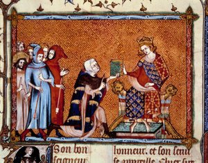 Præsentation af bogen: Jean de Joinville (1224-1317) tilbyder sin bog til Ludvig, konge af Navarra, fremtidige Ludvig X, hutinen. Miniature i "" Vie de Saint Louis"" af Unknown artist