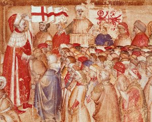 Præsentation af militærflaget til en prins af familien af Carraresi, herrer i byen Padua Miniature fra "Chronica Carrariensibus"" (Krønikker af familien af Carraresi) Biblioteca Capitolare fra det 14. århundrede, Padua af Unknown artist