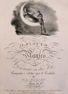 Prins Tamino modtager Nattens Dronnings fortryllede fløjte, forsideillustration af skillevægsbogen af ""Den fortryllede fløjte"" (Die Zauberflote) (1791) af W.A. Mozart (1756-1792). Leonard de Selva samling. af Unknown artist