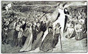Procession under pilgrimsfærden i Lourdes, allegori af Theophile Alexandre Steinlen (1859 - 1923) illustrerende "Lourdes" af Emile Zola (1840-1902) hentet fra "Gil Blas illustrious"" af Unknown artist