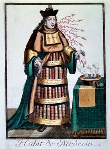 Erhverv: "" lægens kjole"" En mand iført Galiens bøger, Avicenna (Avicenna), der betegner et bassin, der indeholder en væske, en recept og citerer behandlinger. Gravering af det 18. århundredes Paris, Musee Carnavalet af Unknown artist