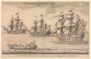 Fremskridt inden for skibsbygning. 1. De gamle briters flettede båd 2. Den store Harry 3. Den kongelige James 4. Den kongelige George af Unknown artist