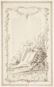 Projekt til Bogillustration; Et panel med egenskaber for videnskaber og en helt af Unknown artist
