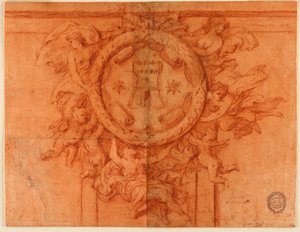 Projekt til vægdekoration (Kvindefigurer og putti understøtter en cirkulær medaljon med våbenskjold) af Unknown artist