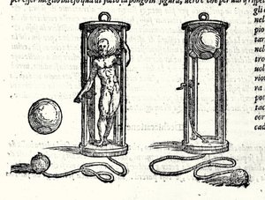 Projekt af den første scaphander af Nicoli Fontana kendt som Tartaglia (1499 - 1557) i 1551. Gravering 1500-tallet. af Unknown artist