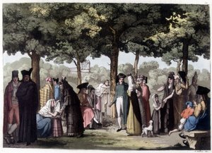 Promenade på esplanaden i Barcelona. 1800-tallets litografi. af Unknown artist
