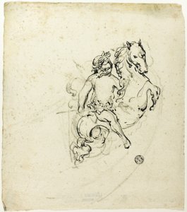 Putto kronet med laurbær, på springende hest af Unknown artist