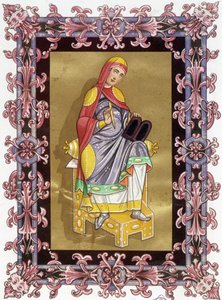 Radegonde (ca. 520 - 587), dronning af Frankrig, hustru til Clotaire (Clothaire) I. Kromolitografi fra det 19. århundrede baseret på belysning. af Unknown artist