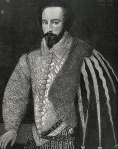 Raleigh, Sir Walter (1554-1618). Engelsk sømand, opdagelsesrejsende og mægler. Portræt af Sir Walter Raleigh. Graveret i 1891, udført efter en anonym original, der er bevaret på National Portrait Gallery i London. Gravering. af Unknown artist