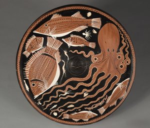 Fiskeplade med røde figurer: blæksprutter, mulle, brasen, skaldyr af Unknown artist