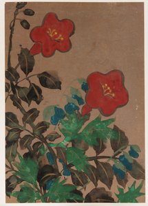 Røde og blå blomster og løv af Unknown artist